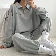 セットアップ レディース 長袖 上下セット 無地 プルオーバー ルームウェア スウェット ポロネック 秋 カットソー トップス ロングパンツ カジュアル haojiang17