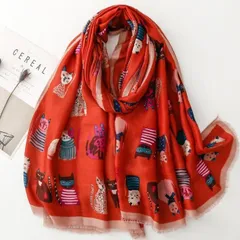 ネコプリントショール（レッド）スカーフマフラー防寒対策紫外線対策ネコいっぱい