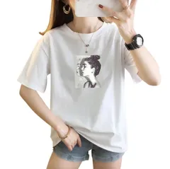 [NOVUS VENTUS] レディース トップス Tシャツ 半袖 ビッグT 大きいサイズ 丸首 薄手 可愛い プリントT 個性的 ブラック ホワイト ローズ シャツ おしゃれ カジュアル 韓国 ゆったり 春夏 プルオーバー きれいめ 着 [ホワイト] [M]