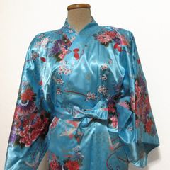 新品 匿名 ライトブルー 花と鶴 女 着物 フリーサイズ ポリエステル Japanese Kimono For Women.