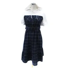 アクシーズファム axes femme ワンピース ミモレ丈 半袖 チェック柄 フード付き ベルト付き M 白 ホワイト 紺 ネイビー /SM16