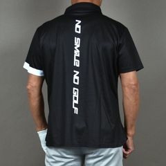 送料無料 アウトレット サンプル品 ブラック×ホワイト/Lサイズ 【COMONGOLF/コモンゴルフ】バックプリント＆前立てプリント半袖ゴルフポロシャツ(CG-SP502S)メンズ ゴルフウェア ストレッチ ロゴ サイドスリット 春 夏 パシャ売り S-S