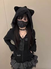 2点セット⭐️ 猫耳　フーディー　長袖　パーカー　病み　かわいい　量産型　地雷系　黒　ブラック　春　夏　秋　日焼け防止　上着　ジャージ　サブカル　ファッション　ピアス　フリル　ロリータ　ロリィタ　界隈　渋谷　原宿　病み系　メンヘラ　悪魔界隈　ぴえん系女子