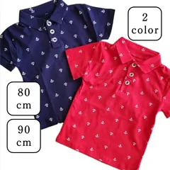 新品　キッズ　ベビー　韓国　ファッション　トップス　Tシャツ　シャツ　襟付き　半袖　春　夏　イカリ　水兵　マリン　綿　コットン　赤　紺　レッド　ネイビー　男の子　女の子　80　90