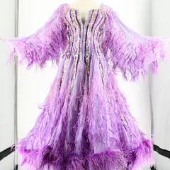 【社交ダンス衣装】パープル ドレス ワンピース 紫 ファー フリル レース ボリューム ラメ スパンコール デモ 競技用 豪華 ワンピースドレス 華やか 豪華 ボリュームスカート ドレス キラキラ 踊り 綺麗 きれいめ ダンスウェア 魅力的 エレガント