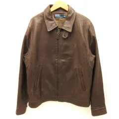 ポロ バイ ラルフローレン Polo by Ralph Lauren レザージャケット ライダース シングル ジップアップ ワンポイント ロゴ刺繍 裏地チェック ブラウン 茶 M アウター ■GY18のサムネイル