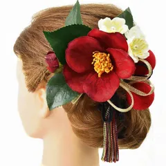 髪飾り 成人式 赤 振袖 前撮り 袴 花 浴衣 夏祭り 花火大会 豪華 白 ちりめん 椿 ゴールド 玉飾り 組紐 房付き ヘアアクセ か No.9-3982