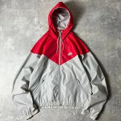 90s NIKE 初期 銀タグ ナイロン フード パーカー ジャケット M / 90年代 オールド ナイキ スウォッシュ ロゴ刺繍 グレー レッド