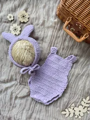 ニューボーンフォト　ベビーロンパース　ベビーボンネット　〜うさぎ（ダスティピンク）〜　新生児サイズ