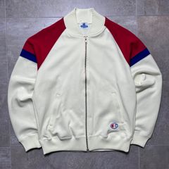 Champion  90s  トラックジャケット  M size  ホワイト  白色  配色切り替え  ロゴ  刺繍  ジャージ  裾ロゴ  チャンピオン  短丈  古着