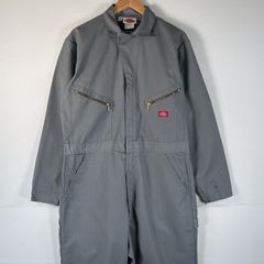 古着 ディッキーズ Dickies 長袖つなぎ オールインワン ワーク 作業着 ワンポイントロゴ 大きいサイズ 44 TALL  ライトグレー系 メンズ
