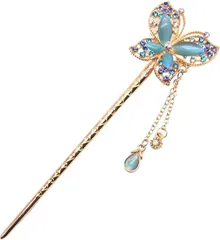 Miaomyao ミャオミャオ 簪 かんざし 一本挿し 和装 留袖 着物 髪飾り 金属 アンティーク 蝶 蝶々 ちょうちょ モチーフ ピンクゴールド ヘアアクセサリー(ブルー,  小さめ)
