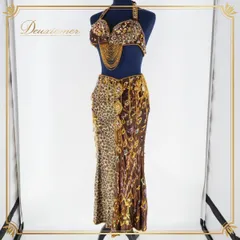 【ベリーダンス用 オリエンタル衣装】ブラウン系 ゴールド系 ラメ ビーズ 装飾 茶色 ヒョウ柄 模様 フリル オシャレ 目立つ 華やか ビーズ装飾 アクセサリーセット ヒョウ柄衣装 フリルスカート ダンス衣装 女性用衣装 スリット