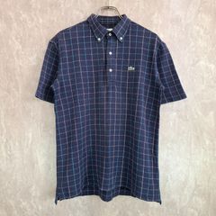 LACOSTE ラコステ 日本製 薄手 ブランドロゴワッペン チェック 格子 柄 スリット ネイビー 紺 M ポロシャツ