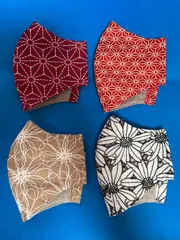 大人和柄&刺繍立体布マスク4枚セット　クレンゼ加工(抗菌・抗ウイルス) ノーズワイヤー入り　ゴム付き