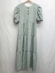 ◇ ⊂ Birthday room ギンガムチェック バルーンスリーブ ティアード ロング ワンピース サイズF グリーン系 レディース P  【1409090008429】