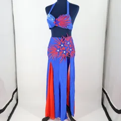 【ベリーダンス用 オリエンタル衣装】ブルー×レッド ラインストーン 花柄 青 赤 フリル サテン×レース  ストレッチ素材 綺麗 ブラトップ スカートセット 鮮やか