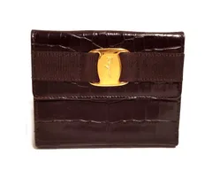 新品同様 フェラガモ 二つ折り 財布 ヴァラ リボン レザー レディース コンパクト ブラウン ダークブラウン 茶色 Salvatore Ferragamo