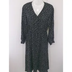 ◇ LOWRYS FARM Vネック 総柄 ウエストゴム 長袖 ロング ワンピース サイズF ブラック ホワイト レディース  【中古】 【1203150013350】