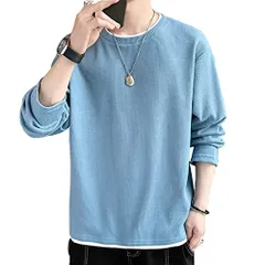 #262:ブルー_M Aroniko 長袖tシャツ メンズ ロンティー ロングtシャツ ろんてぃーメンズ 長袖 ろんぐtシャツ メンズ長袖tシャツ カットソー トレーナー ワッフル 無地 シンプル 春 秋 大きいサイズ 重ね着風 ブルー M