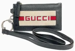グッチ GUCCI ジャガード ストライプ コインケース カードホルダー カードケース 小銭入れ ネックストラップ付き ストラップ ロゴ ブラック 黒　523815　レザー メンズ レディース