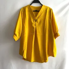 黄色イエロー長袖Vネックブラウスチュニック無地シンプル上品M?L