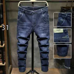 [31 ]メンズ ファッション 服  オシャレ シンプル 大人 かっこいい 大きいサイズ ストリート 紳士服 秋 ジーンズ スリムフィット 裾 ダーク ブルー ロング パンツ 韓国スタイル カジュアル ストレッチ
