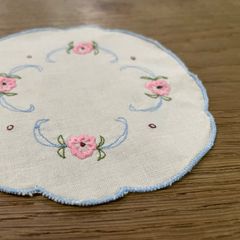 フランス蚤の市　ドイリー　レース　ブルーピンク　刺繍　【165-18】