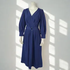 ナチュラルクチュール natural couture　ショルダーリングベルト ロングパフスリーブ カシュクール ロングフレア ワンピース　ネイビー　レディース