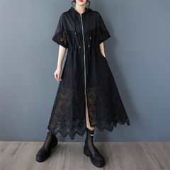 モード系  ニューデザイン  レディース ワンピース 透かし彫り 個性派 春夏トップス ロングシャツ フード付き レース モノトーン 半袖 夏ロングコート 大きいサイズ  ロングドレス デイリーからお出かけまで ジャケット 幅広いシーンで大活躍