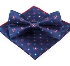 蝶ネクタイ　ポケットチーフ　2点セット　結婚式　発表会　パーティー　イベント　卒業式　卒園式　入学式　入社式　ダンスパーティー　バーテンダー　成人式　父の日　ワンタッチ　 ネイビー色　紺色　ブルー色　青色　レッド色　赤色　シルバー色  銀色　ドット柄 　花柄
