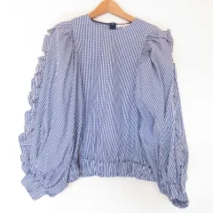 美品 22SS yori ヨリ フリルスリーブブラウス ギンガムチェック柄 長袖 プルオーバー YR2221-010SP 36 ブルー レディース 古着 中古 USED