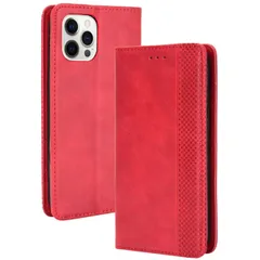 iPhone15 Pro ケース 手帳 アイフォン15 プロ  チェック柄 合革 レトロ 手帳 ケース 【Color】 レッド