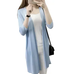 [LL FIERTE] カーディガン レディース ロング 秋 薄手トップス 羽織り 七分袖 前開き 無地 カジュアル (L, ライトブルー) [ライトブルー] [L]