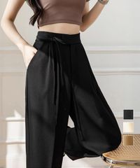  ストレートパンツ リボンスラックス 美脚 無地 ボトムス脚長 体型カバー 着回し ウエストゴム 快適