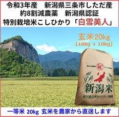 玄米10kg+10kg　新潟県三条市しただ産　減農薬特別栽培米コシヒカリ白雪美人