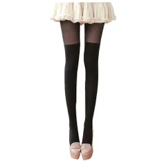 フェイクニーハイストッキング ハイソックス 美脚 フェイクニーハイ ニーハイ フェイクニーハイ柄 ロングニーハイ柄タイツ パンスト 肌色 ニーハイ風タイツ ロング レディースタイツ ニーハイソックス ロング 女性用 フリーサイズ　上ベージュ下黒 ブラック 無地