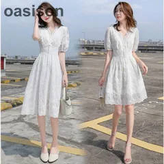 ワンピース レディース 40代 きれいめ膝丈ワンピース 春夏新作 半袖ワンピース 白レース シフォン Vネック Aラインスカート オシャレ結婚式ドレス 大人 上品