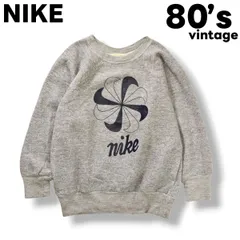 【希少】 80s ヴィンテージ ナイキ NIKE 風車ロゴ 小文字 ラバープリント スウェット トレーナー 裏起毛 S相当 杢 霜降り グレー x ネイビー スポーツ カジュアル オールド メンズ