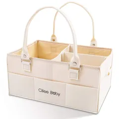 Ciilee Baby おむつストッカー オムツバッグ 大容量 取り外せハンドル オムツケース 折りたたみ ベビー 収納ボックス カゴ 車載旅行用バック 収納カコ 小物入れ 軽便 ベビー用品 育児用品入れ (仕切り3つ(ベージュ)) 0のサムネイル