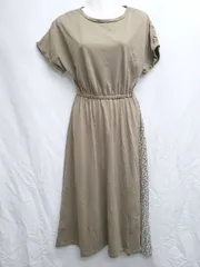 ◇ NATURAL BEAUTY BASIC 花柄 切替 フレンチスリーブ 膝下丈 ワンピース サイズM カーキ ベージュ系 マルチ レディース P  【1406240033737】