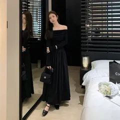 新品 未使用 2026新作 高級感 ブラック ワンピース レディース 夏 ロングドレス レディース カラードレス 一字肩 長袖 ワンピース 秋冬 パーティードレス 演奏会 披露宴 ウェディング 二次会 大人可愛い フェミニン 上品 体型カバー