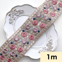 [ 1m ] 863 【 幅：6.5cm 】 インド刺繍リボン　ピンク　チュール　パープル