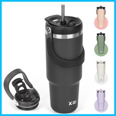 【新着商品】大容量 水筒 ウォーターボトル 真空断熱 保温 900ml 保冷 ステンレスボトル ストロー付き 広口 直飲み 蓋付き タンブラー アウトドア 取っ手付き 持ち運び SKIASE こぼれない ブラック