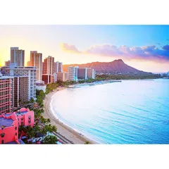 絵画風 壁紙ポスター (はがせるシール式) ハワイ 夕陽のワイキキビーチ サンセットビーチ オアフ島 リゾート キャラクロ HWI-021A2 (A2版 594mm×420mm)＜日本製＞ ウォールステッカー お風呂ポスター