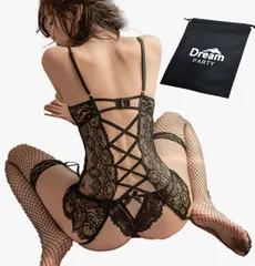 [DREAMPARTY] 【コスプレイヤー推奨】 ベビードール セクシー 女性 エッチな下着 セクシーランジェリー 人気 ランジェリー セット 下着 【3点 ベビードール Tバック ストッキング 】 レディース コスプレ 穴あきフリーサイズ コス [ブラック]