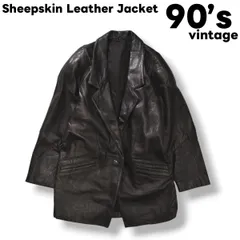 90sヴィンテージ unknown 羊革 シープスキンレザー テーラードジャケット くるみボタン アウター コート L ブラック メンズ レディース ユニセックス 男女兼用