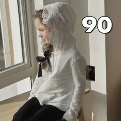 ★即納★ レースフードのホワイトカットソー 【送料無料】 韓国子供服 トップス フーディー インナー Tシャツ 長袖 ロンＴ ロングTシャツ ロングスリーブ 女の子 レース フリル 春服 春コーデ 白