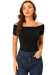 Allegra K オフショルダー トップス tシャツ カットソー 肩だし 着痩せ 半袖 無地 肩見せ レディース ブラック L
