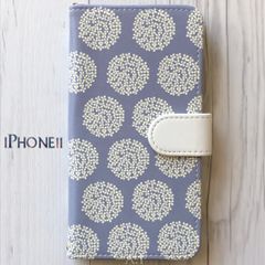iPhone11 ケース 手帳型★北欧風 小花 紫陽花 ブルー